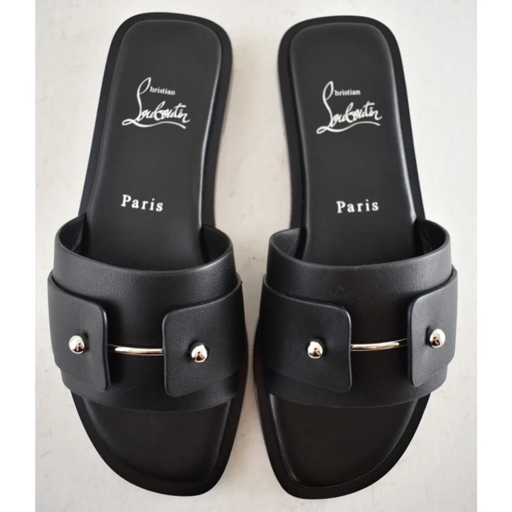 Christian Louboutin Chambelimule Donna Flat Black Calf Leather Slide Sandal 35